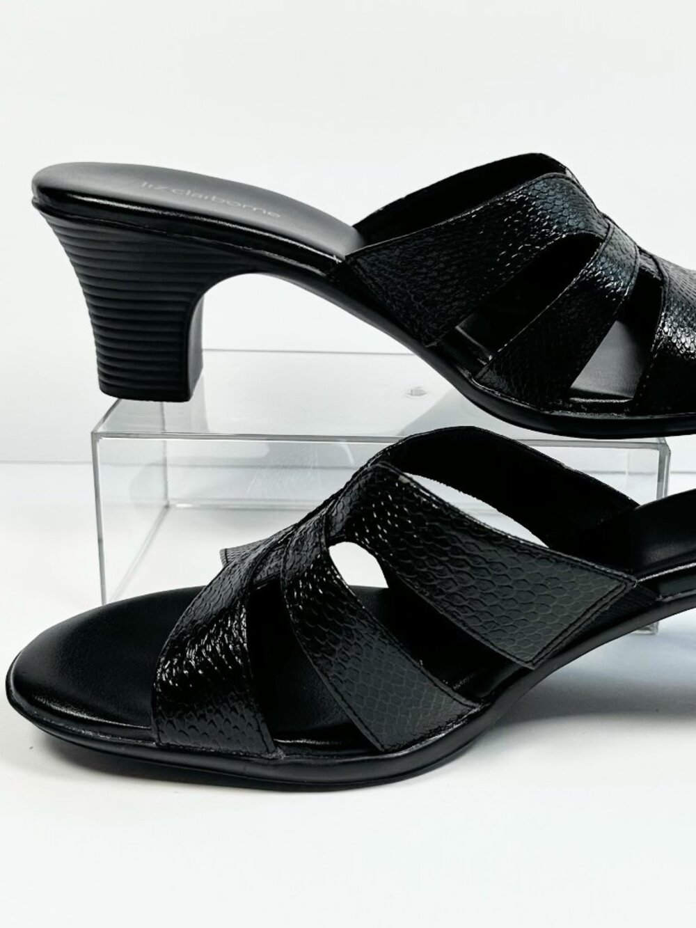Liz Claiborne Sandals, 9.5M, Black Faux Leather Slip On, Mid Block Heel, "Tara"